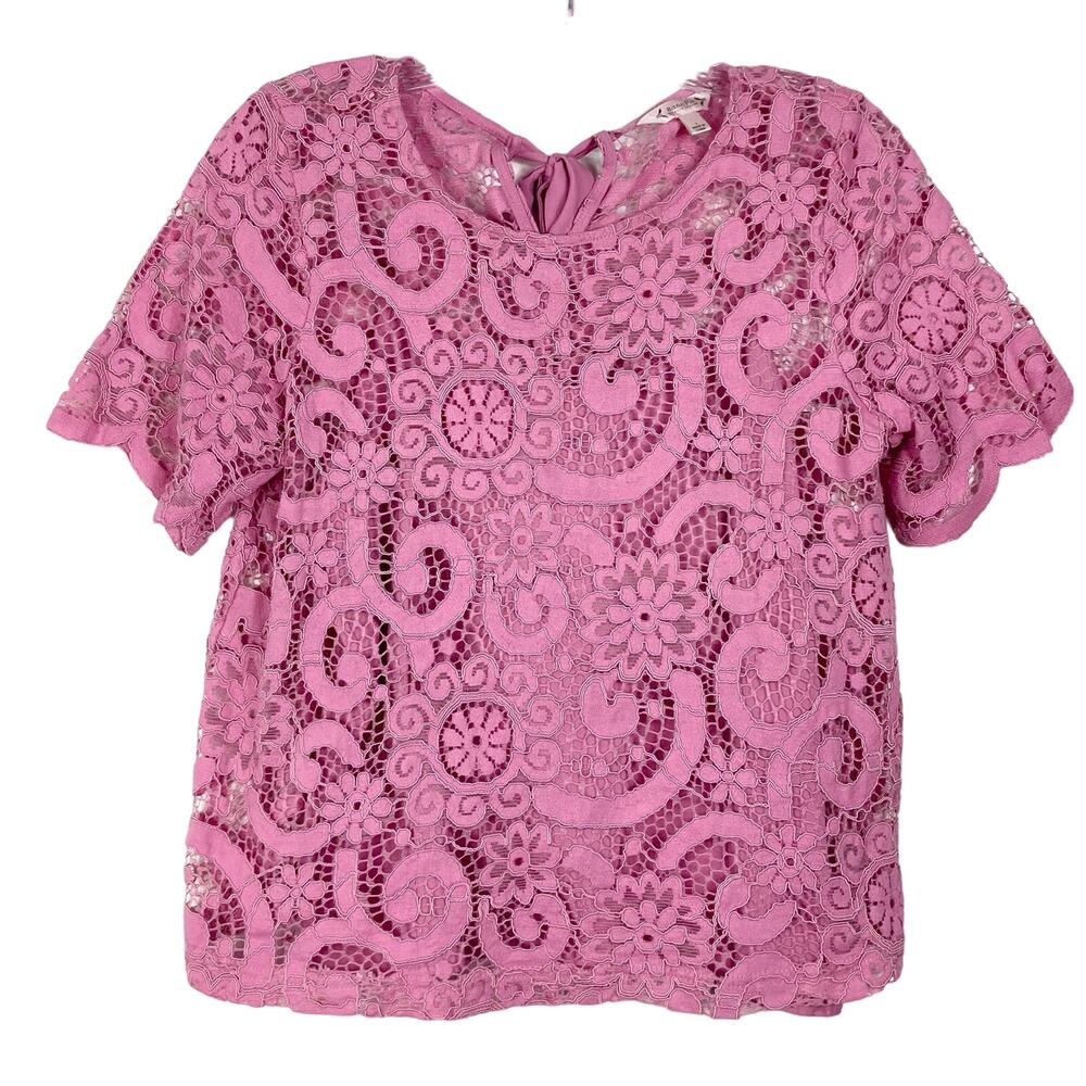 NWOT NANETTE LEPORE Top S Pink Lace Underlay Slip Bow Tie Back Short Sleeve